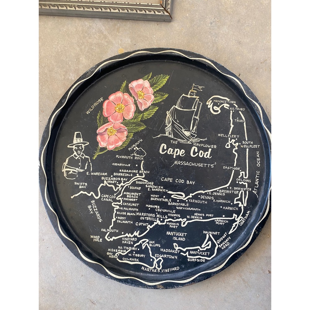 Vintage Cape Cod Massachusetts Souvenir Metal Map Tray Mayflower Wildrose Black